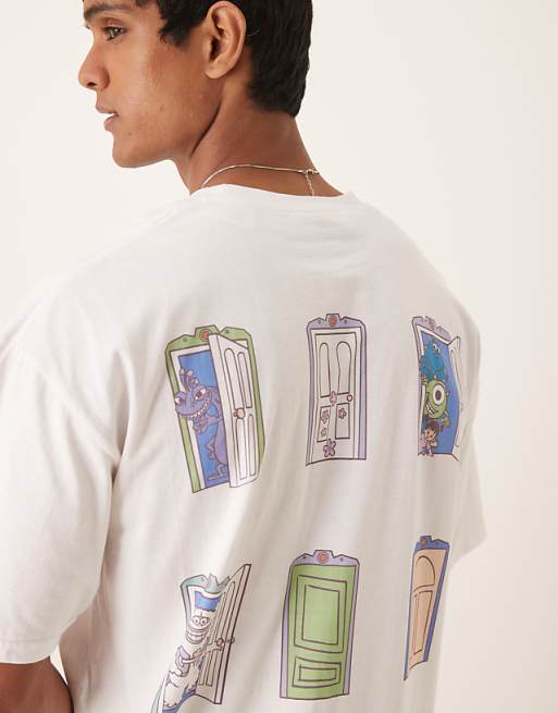 DESIGN Disney Pixar Unisex Oversized T-shirt With Monsters Inc Multi Prints In White