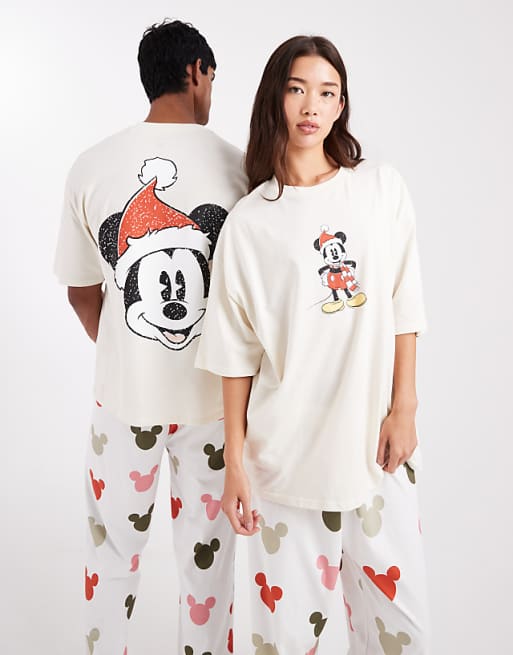DESIGN Disney Pyjama Set With Christmas Mickey Mouse Graphic In Cream