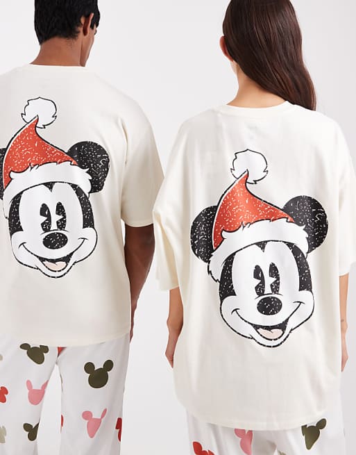 DESIGN Disney Pyjama Set With Christmas Mickey Mouse Graphic In Cream