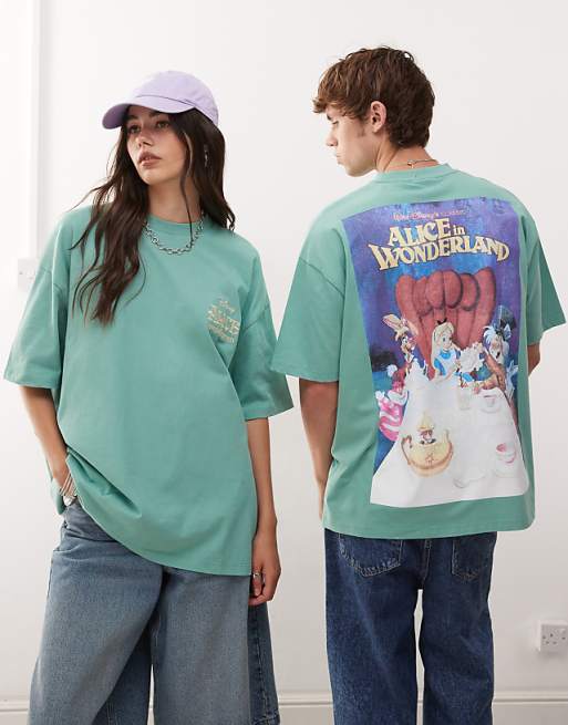 DESIGN Disney Unisex Oversized T-shirt With Alice In Wonderland Prints In Washed Green