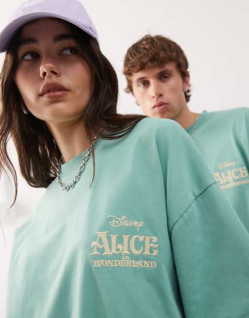 DESIGN Disney Unisex Oversized T-shirt With Alice In Wonderland Prints In Washed Green