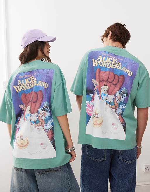 DESIGN Disney Unisex Oversized T-shirt With Alice In Wonderland Prints In Washed Green