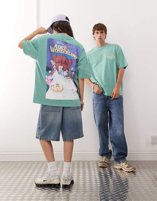 DESIGN Disney unisex oversized t-shirt with Alice In Wonderland prints in washed green