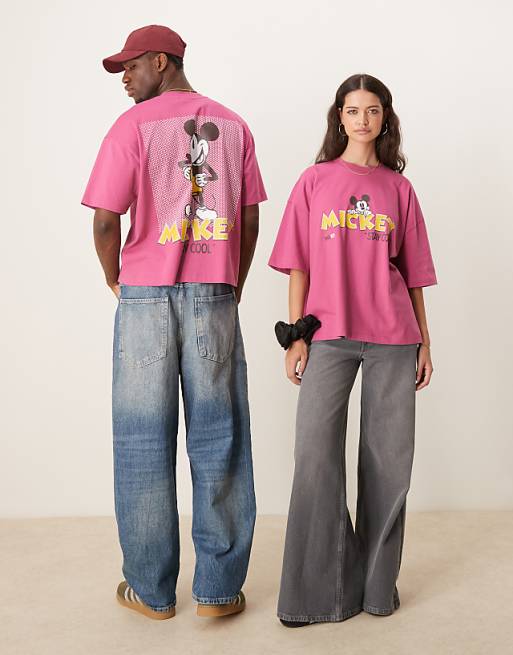 DESIGN Disney Unisex Oversized T-shirt With Mickey Mouse Prints In Pink