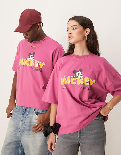 DESIGN Disney Unisex Oversized T-shirt With Mickey Mouse Prints In Pink