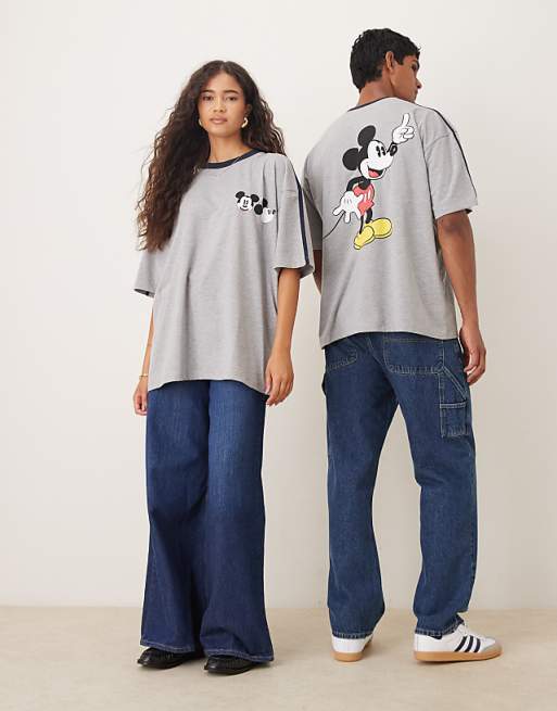 DESIGN Disney Unisex Oversized T-shirt With Mickey Mouse Prints In Grey