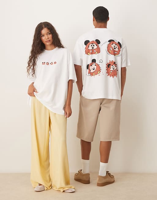 DESIGN Disney Unisex Oversized T-shirt With Mickey Mouse Prints In White