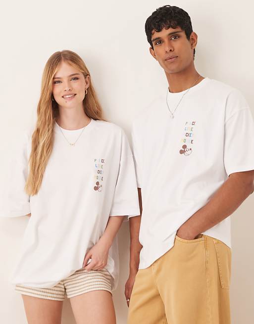 DESIGN Disney Unisex Oversized T-shirt With Mickey Mouse Text Prints In White