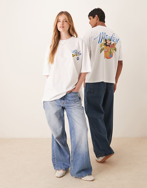 DESIGN Disney Unisex Oversized T-shirt With Mickey Mouse Fruit Prints In White