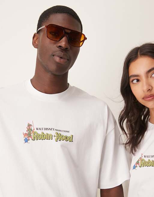 DESIGN Disney Unisex Oversized T-shirt With Robin Hood Prints In White