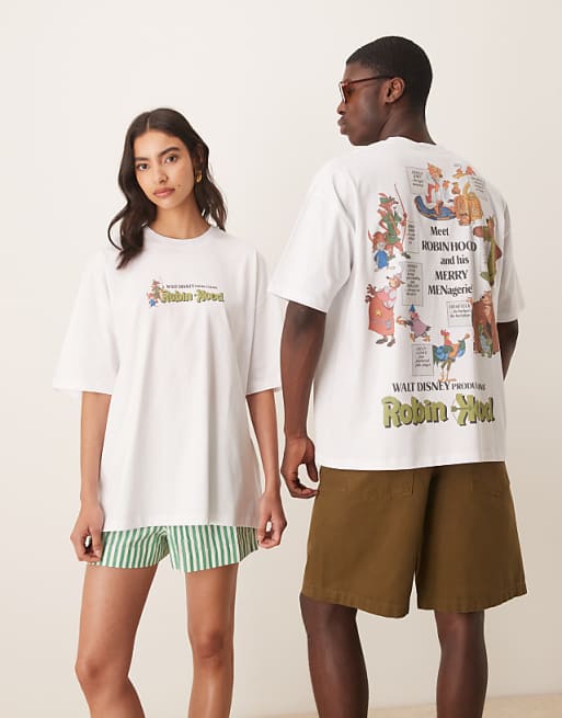 DESIGN Disney unisex oversized t-shirt with Robin Hood prints in white
