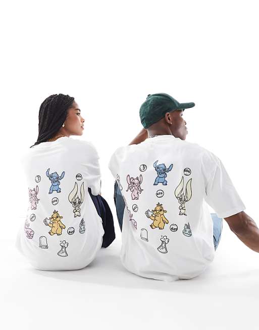 DESIGN Disney Unisex Oversized T-shirt With Stitch Prints In White