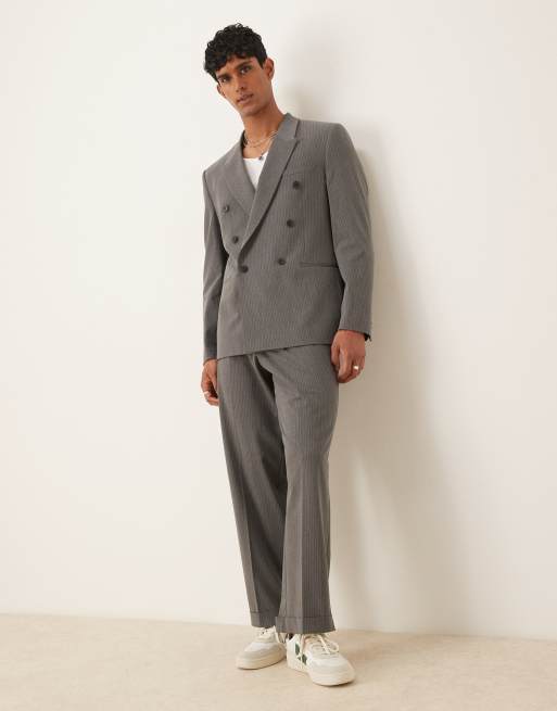 DESIGN Double Breasted Relaxed Suit In Charcoal Pinstripe