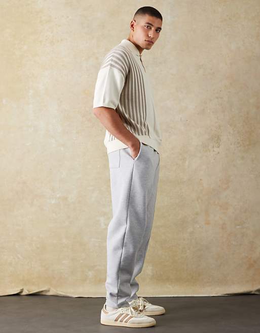 DESIGN Double Face Tapered Joggers With Pin Tucks In Grey Marl