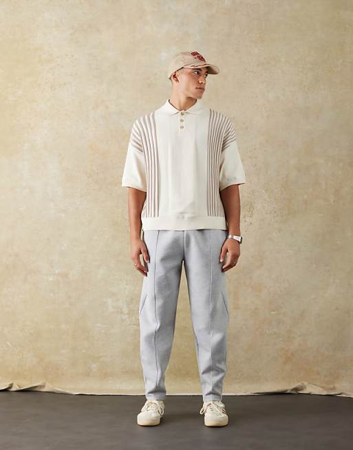 DESIGN double face tapered joggers with pin tucks in grey marl