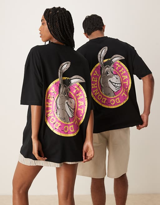 DESIGN Dreamworks Unisex Oversized T-shirt With Shrek Donkey Prints In Black