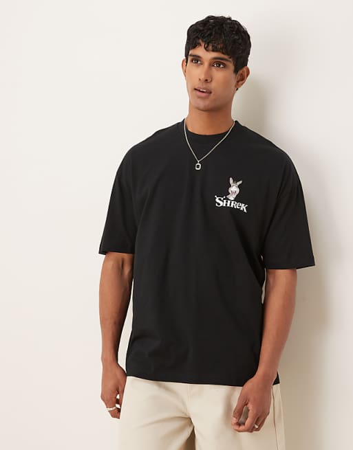 DESIGN Dreamworks Unisex Oversized T-shirt With Shrek Donkey Prints In Black