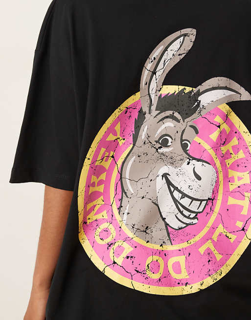 DESIGN Dreamworks Unisex Oversized T-shirt With Shrek Donkey Prints In Black