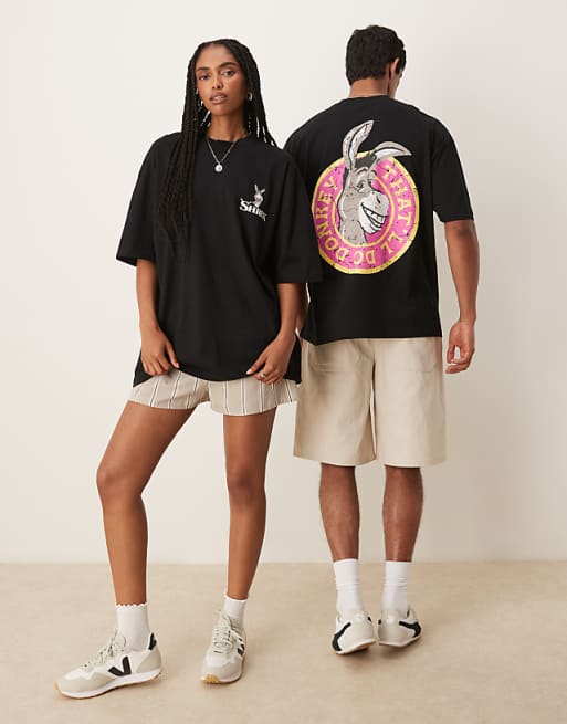 DESIGN Dreamworks unisex oversized t-shirt with Shrek Donkey prints in black