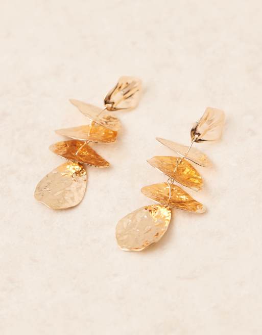DESIGN Drop Earrings In Hammered Layered Petal Design In Gold Tone