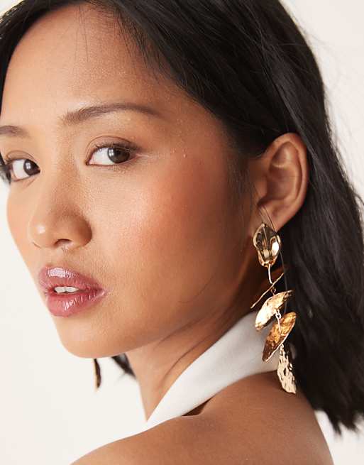 DESIGN drop earrings in hammered layered petal design in gold tone