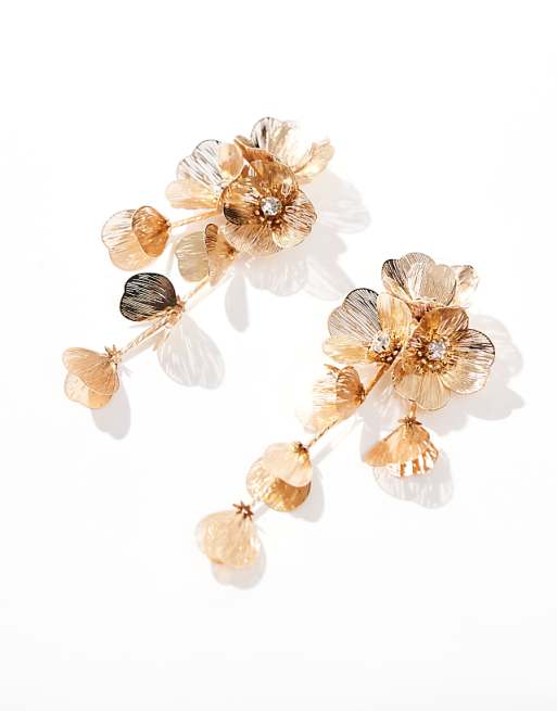 DESIGN Drop Earrings With 3D Floral Design In Gold Tone