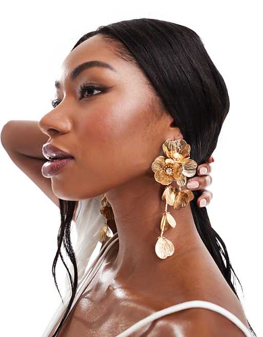 DESIGN Drop Earrings With 3D Floral Design In Gold Tone