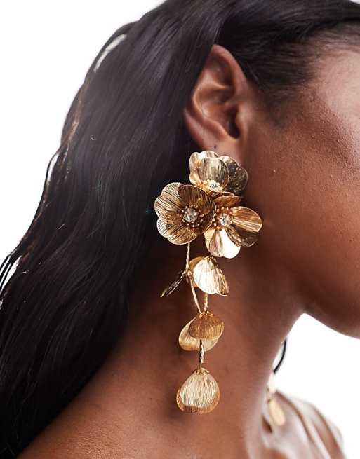 DESIGN Drop Earrings With 3D Floral Design In Gold Tone