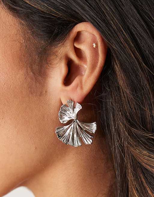DESIGN drop earrings with textured leaf design in silver tone