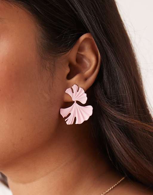 DESIGN drop earrings with textured leaf design in pastel pink