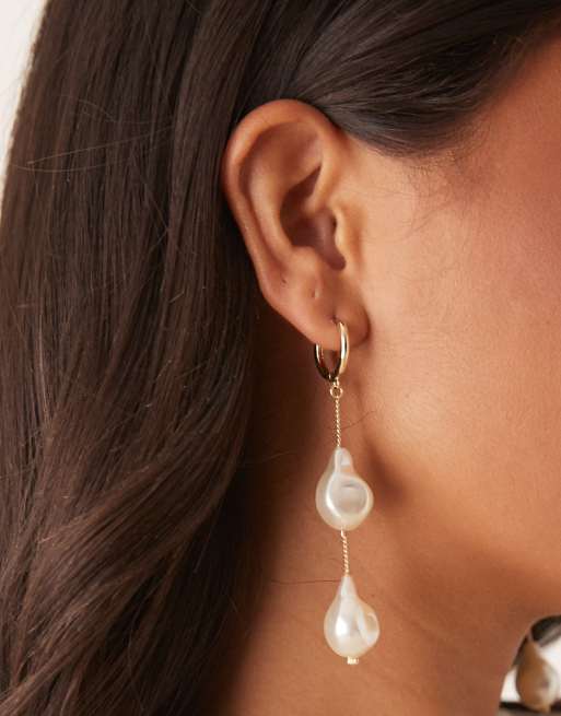 DESIGN Drop Hoop Earrings With Faux Freshwater Pearl Drops In Gold Tone