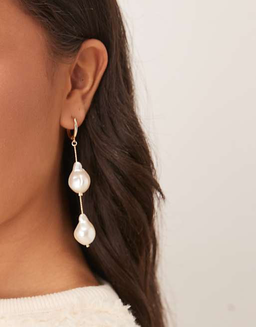 DESIGN drop hoop earrings with faux freshwater pearl drops in gold tone