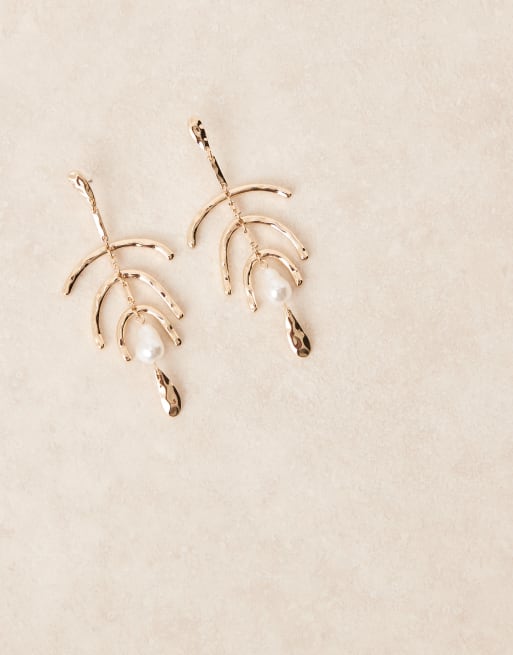 DESIGN Drop Stud Earrings With Aerial Design And Faux Pearl Detail In Gold Tone