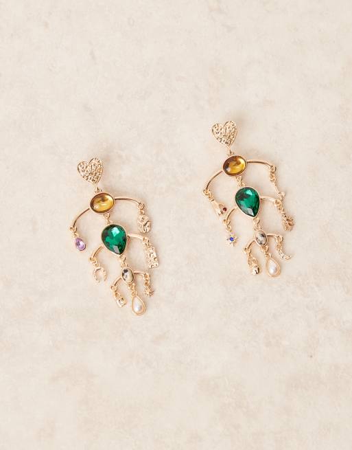 DESIGN Drop Stud Earrings With Charms And Real Semi-p Stones In Gold Tone