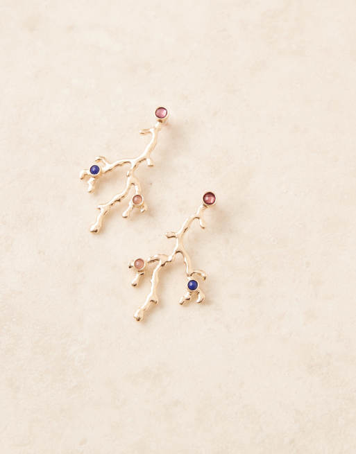 DESIGN Drop Stud Earrings With Coral Shape Design And Faux Gem-stones In Gold Tone