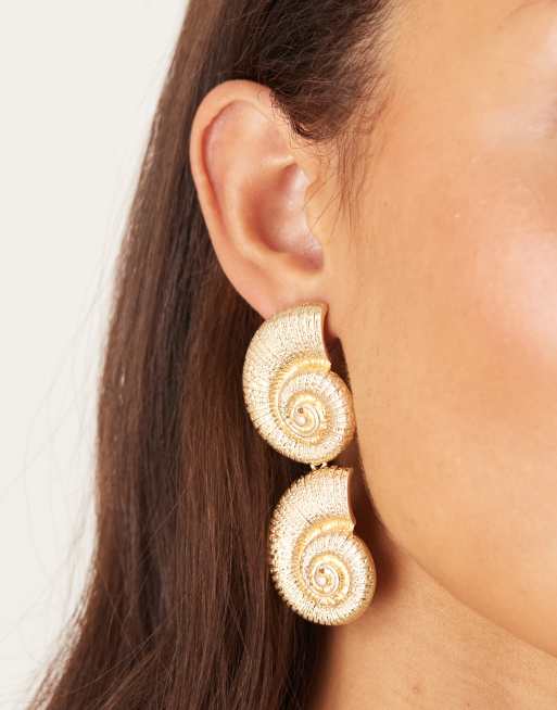 DESIGN Drop Stud Earrings With Double Shell Design In Gold Tone
