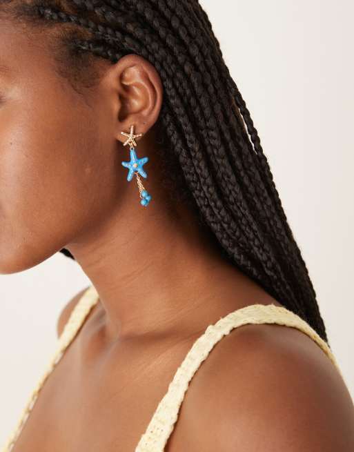 DESIGN Drop Stud Earrings With Mini Starfish Design And Tassels In Blue And Gold Tone