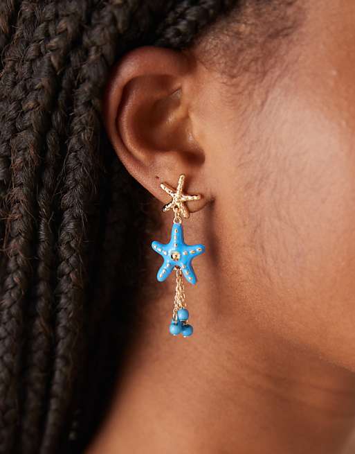 DESIGN drop stud earrings with mini starfish design and tassels in blue and gold tone