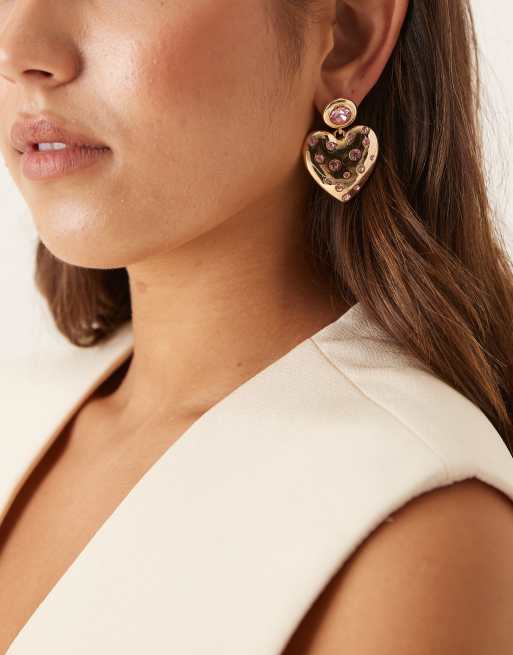 DESIGN Earrings In Heart Design With Pink Crystal Embellishment In Gold Tone