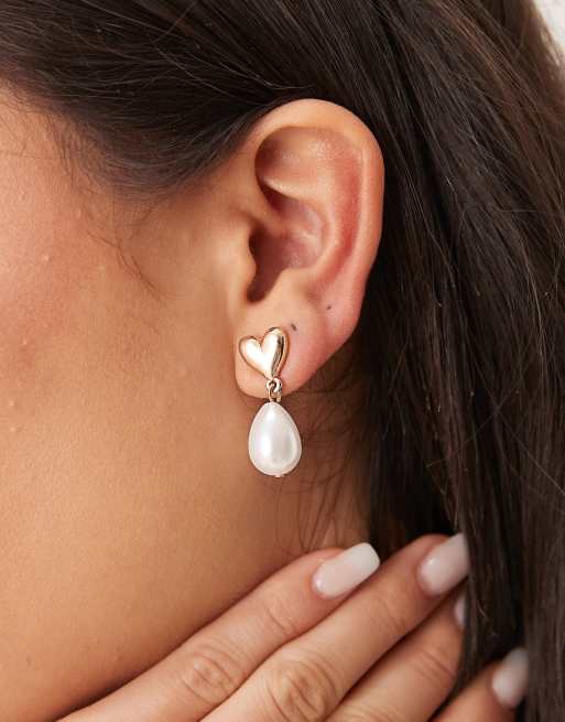 DESIGN Earrings With Mini Heart And Faux Pearl Drop Design On Gold Tone