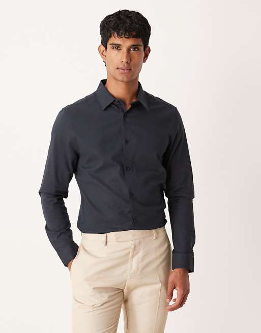 DESIGN easy iron royal oxford slim shirt in black