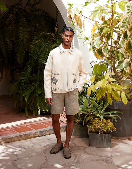 DESIGN Embroidered Harrington Jacket In Ecru