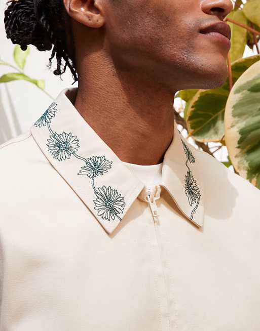 DESIGN Embroidered Harrington Jacket In Ecru