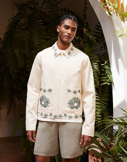 DESIGN Embroidered Harrington Jacket In Ecru