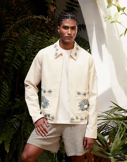 DESIGN embroidered harrington jacket in ecru