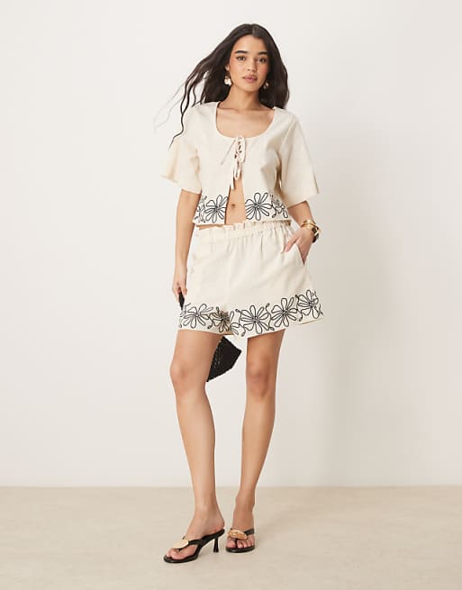 DESIGN embroidered tie top and hem shorts co-ord in natural