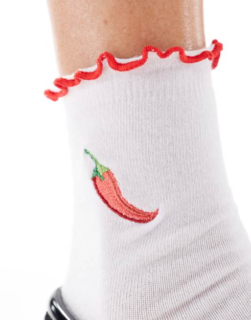DESIGN Embroidery Chilli Sock With Frill Top In White