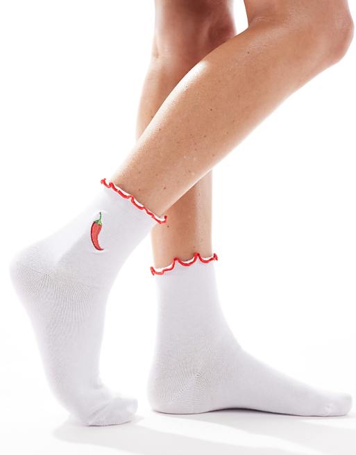 DESIGN embroidery chilli sock with frill top in white