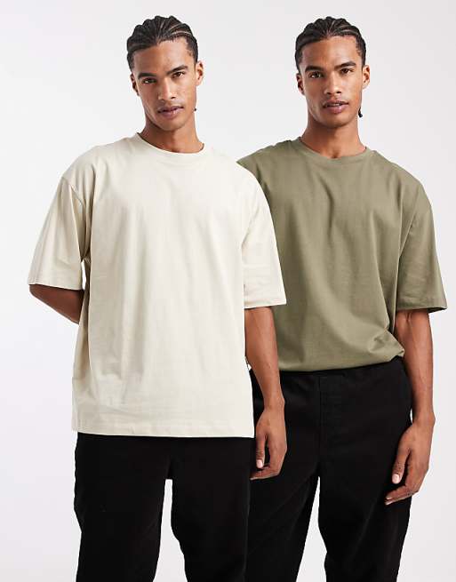 DESIGN Essentials 2 pack oversized t-shirts in stone and khaki