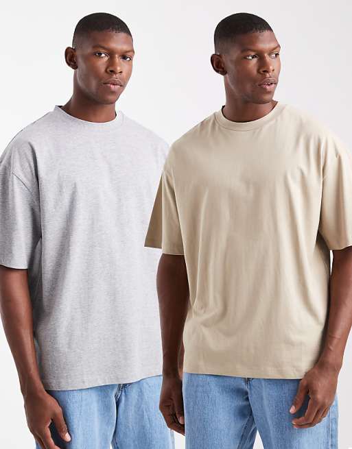 DESIGN Essentials 2 pack oversized t-shirts in beige and grey